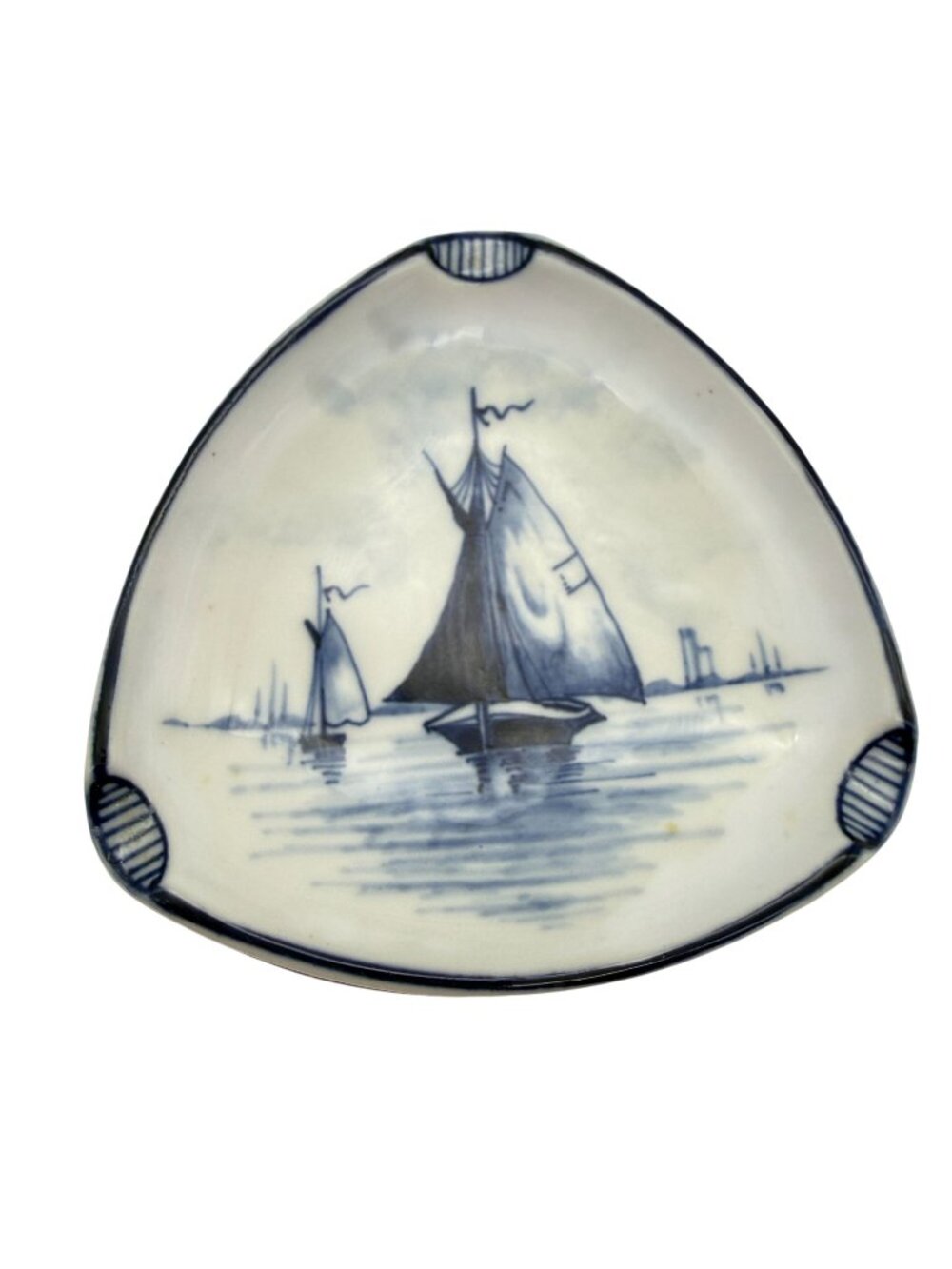 Vintage German Blue White MCM Ceramic Triangular Ashtray Sailboats Hand Painted
